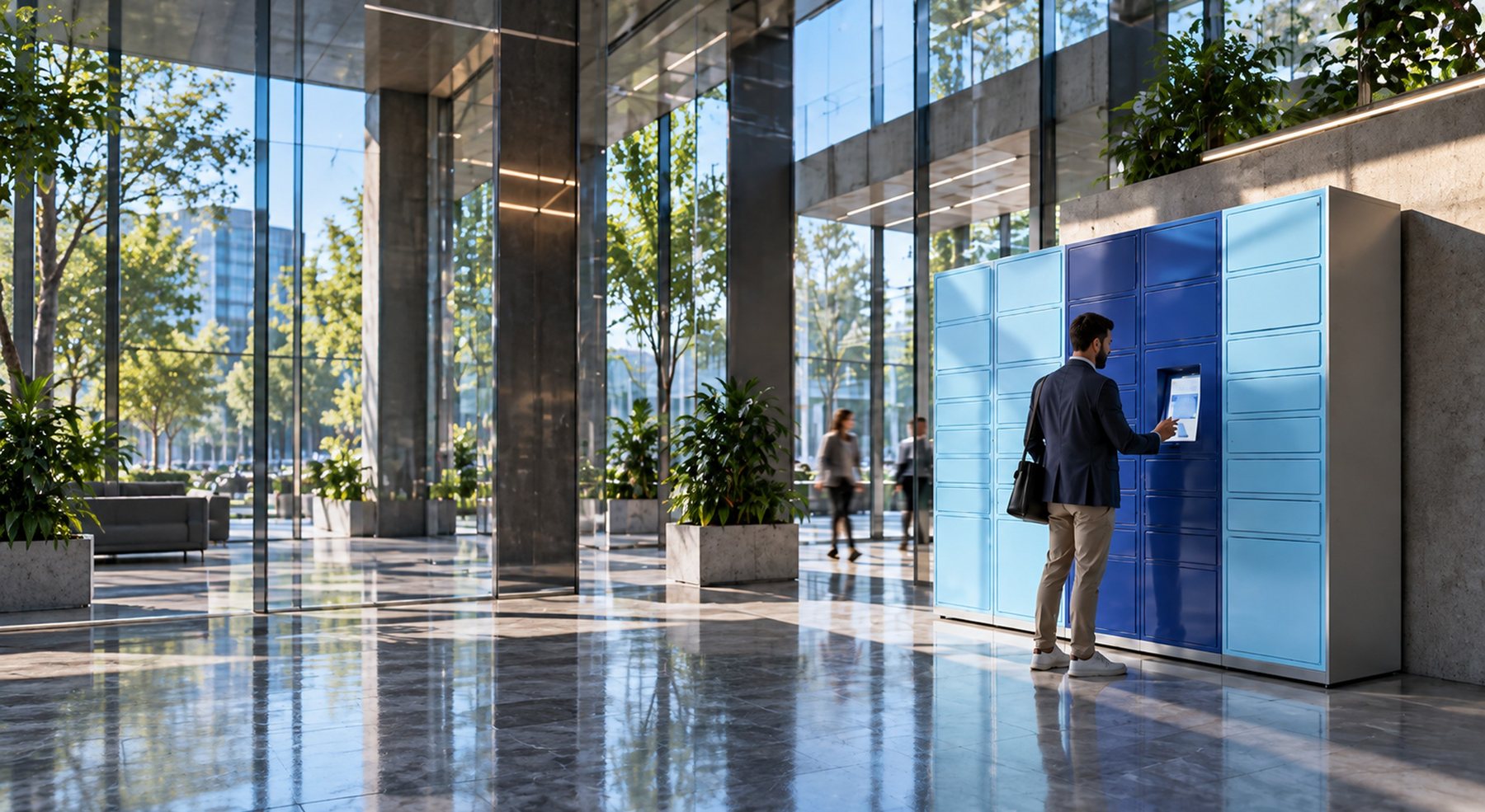 Profissional usando um armário inteligente Macam Locker em lobby corporativo